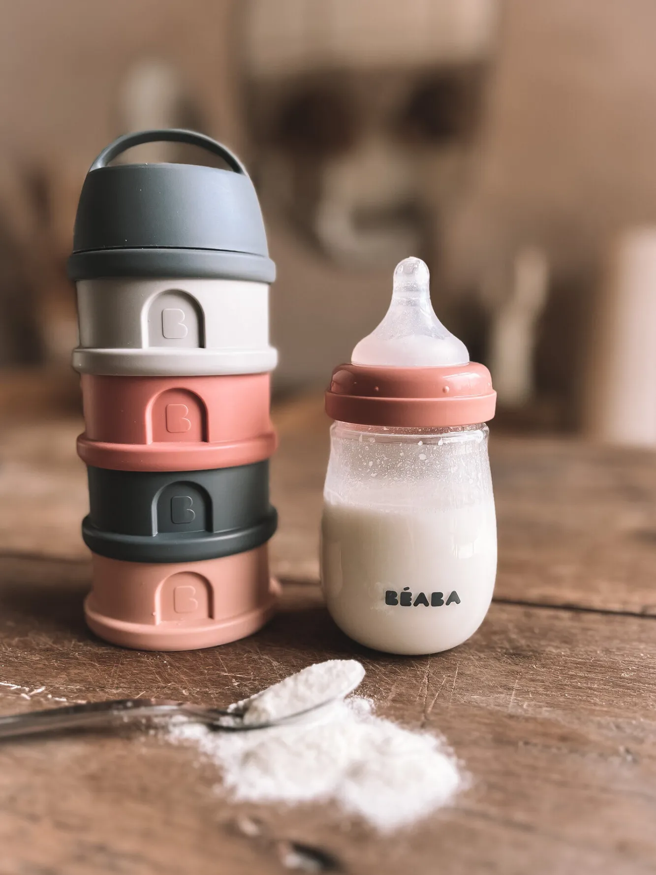 Doseurs De Lait*BÉABA Boite Doseuse 4 Compartiments Mineral Grey /Pink