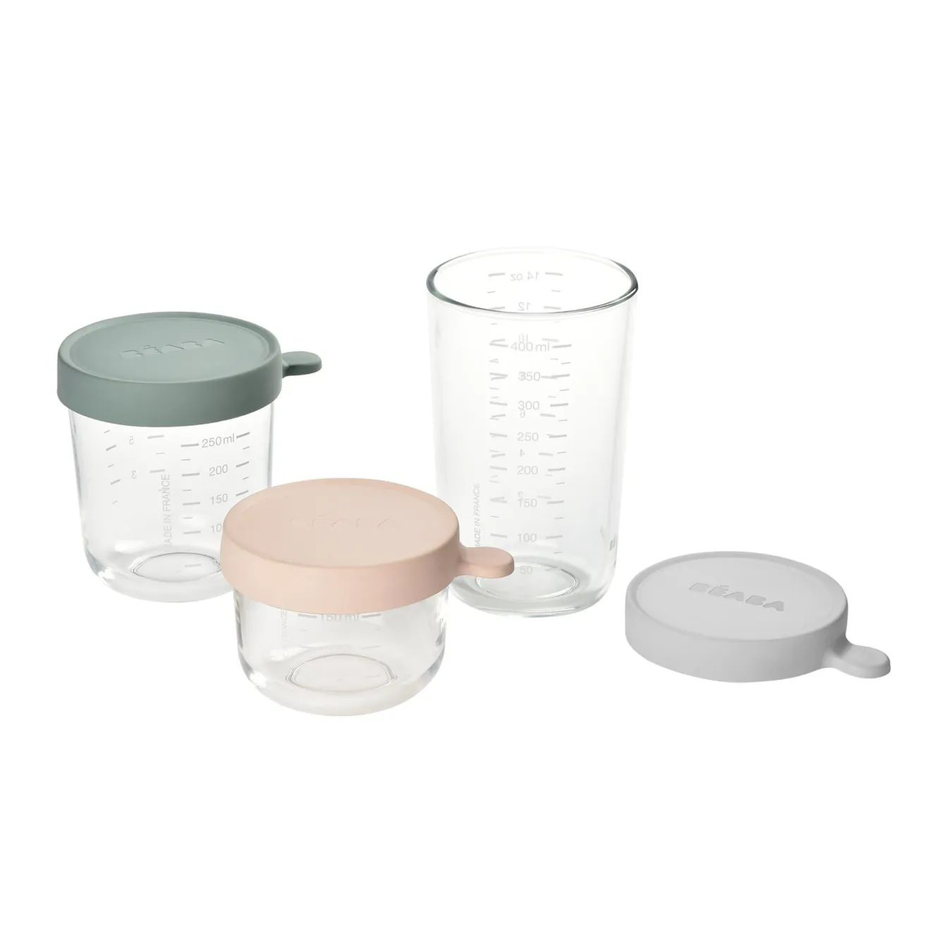 Goûter Sain*BÉABA Coffret 3 Portions Verre 150/250/400Ml Eucalyptus